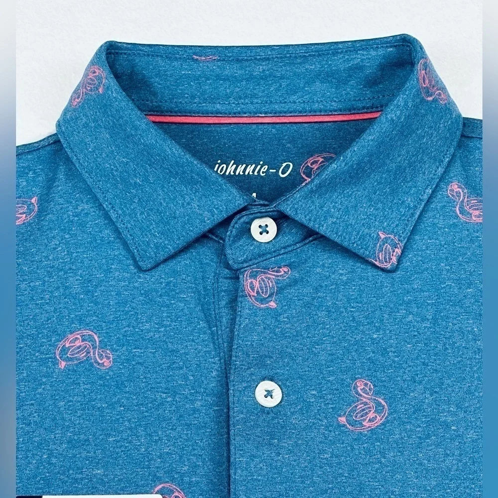 Johnnie-O Men’s Prep-formance Flamingo Floaty Lake Blue Golf Polo Shirt - Picture 5 of 10